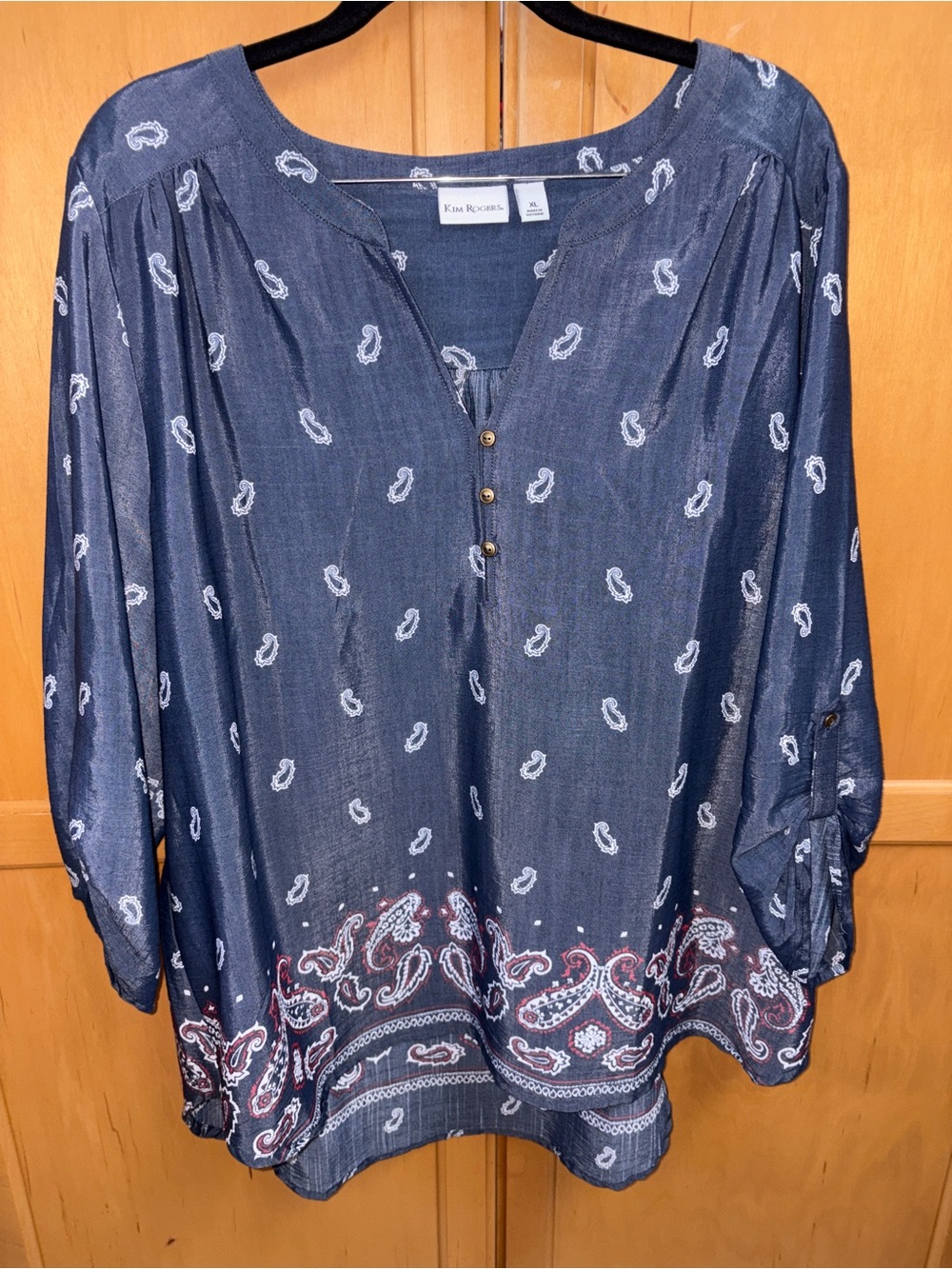 Kim Rogers Rayon Tunic Navy Blue Paisley with Button details Henley 3/4 Sleeves